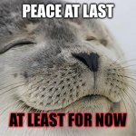 Peace at last | PEACE AT LAST; AT LEAST FOR NOW | image tagged in memes,satisfied seal | made w/ Imgflip meme maker