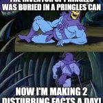 true | THE INVENTOR OF PRINGLES WAS BURIED IN A PRINGLES CAN; NOW I'M MAKING 2 DISTURBING FACTS A DAY! | image tagged in skeletor disturbing facts | made w/ Imgflip meme maker