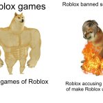 Buff Doge vs. Cheems | Roblox games; Roblox banned schlep; Fun games of Roblox; Roblox accusing schlep of make Roblox unsafe | image tagged in memes,buff doge vs cheems | made w/ Imgflip meme maker