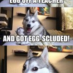 Ba-dum, tish! | A BOY THREW AN EGG OFF A TEACHER; AND GOT EGG-SCLUDED! | image tagged in memes,bad pun dog,funny memes | made w/ Imgflip meme maker