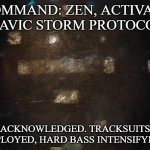 Blake's 7 Zen | COMMAND: ZEN, ACTIVATE SLAVIC STORM PROTOCOL. ACKNOWLEDGED. TRACKSUITS DEPLOYED, HARD BASS INTENSIFYING. | image tagged in blake's 7 zen,slavic storm | made w/ Imgflip meme maker