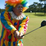 Trump golfing clown suit hair funny