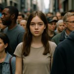 a bloned girl in a croud of people