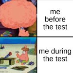 tests | me before the test; me during the test | image tagged in patrick big brain | made w/ Imgflip meme maker