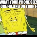 What your phone sees before falling on your face | WHAT YOUR PHONE SEES BEFORE FALLING ON YOUR FACE | image tagged in mature spongbob | made w/ Imgflip meme maker