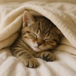 cute kitten on a bed sleeping with blankets on