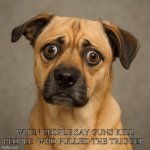 Confused dog | WHEN PEOPLE SAY GUNS KILL PEOPLE  WHO PULLED THE TRIGGER | image tagged in confused dog | made w/ Imgflip meme maker