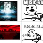 fnaf 4 menu theme looks like star the day earth stood still music | MUSIC STAR; LOOKS STAR MUSIC | image tagged in he will never,fnaf 4,the day the earth stood still | made w/ Imgflip meme maker