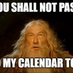 You shall not pass into my calendar today | YOU SHALL NOT PASS; INTO MY CALENDAR TODAY | image tagged in gandalf you shall not pass,boundaries,self discipline,entrepreneur | made w/ Imgflip meme maker