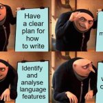 My avr English essay experience | Write a 
perfectly memorised 
intro; Have 
a clear
 plan for 
how 
to write; Identify 
and 
analyse 
language
 features; What was the question again? | image tagged in memes,english,essay,exam,school | made w/ Imgflip meme maker