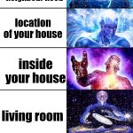 Which one do you have to go _____? | your country; your state; your city; your town; your neighbour hood; location of your house; inside your house; living room; seat; water; rest or play roblox | image tagged in extended expanding brain | made w/ Imgflip meme maker