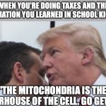 Tell Me You're American Without Telling Me You're American | WHEN YOU'RE DOING TAXES AND THE INFORMATION YOU LEARNED IN SCHOOL KICKS IN:; "THE MITOCHONDRIA IS THE POWERHOUSE OF THE CELL. GO GET 'EM." | image tagged in hail hydra,school,taxes,america | made w/ Imgflip meme maker
