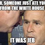 someone ate your lunch | SIR, SOMEONE JUST ATE YOUR LUNCH FROM THE WHITE HOUSE FRIDGE; IT WAS JEB | image tagged in george bush | made w/ Imgflip meme maker