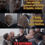 Captain america elevator | Christmas shop has already opened at Arnotts in Dublin, Ireland; It feels like kinda very festive. IT'S SEPTEMBER FOR CRYING OUT LOUD! | image tagged in captain america elevator,arnotts,dublin,christmas,too early,september | made w/ Imgflip meme maker