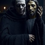 ugly, evil satanic man holding Jesus mask JPP