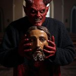 Evil Satan Devil holding Jesus Mask