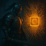 warrior art next to a glowing circuit board