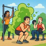 Fart bubble green air and people working out at a outside gym