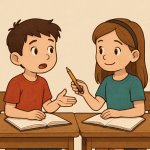 a boy asking for a pencil and a girl giving it to him