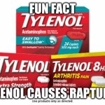 So take a tylenol today | FUN FACT; TYLENOL CAUSES RAPTURES | image tagged in tylenol | made w/ Imgflip meme maker