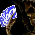 cool skeleton holding uno full house