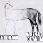 Half badly drawn horse | WHAT I DRAW; WHEN I THINK OF AN IMAGE | image tagged in half badly drawn horse | made w/ Imgflip meme maker