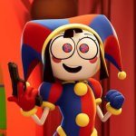 Pomni happy with a gun