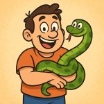 happy man holding green three python