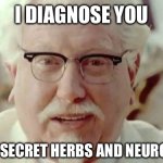 For the Neuro-Spicey among us | I DIAGNOSE YOU; WITH 11 SECRET HERBS AND NEURO-SPICEY | image tagged in colonel sanders,neuro-spicey,autism,normal,i diagnose you with dead | made w/ Imgflip meme maker