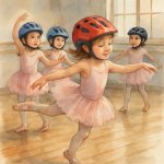 A modern realistic watercolour of Little girls learning ballet w
