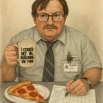 Milton Waddams with a cup of coffee, pizza and Timesheet