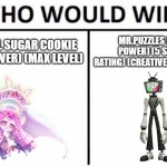 COOKIE RUN VS SMG4 PART 1 | ETERNAL SUGAR COOKIE (FULL POWER) (MAX LEVEL); MR.PUZZLES (FULL POWER) (5 STARR RATING) (CREATIVE CONTROLL) | image tagged in memes,who would win | made w/ Imgflip meme maker