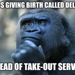 Inquiring minds want to know | WHY IS GIVING BIRTH CALLED DELIVERY; INSTEAD OF TAKE-OUT SERVICE? | image tagged in deep thoughts,childbirth | made w/ Imgflip meme maker