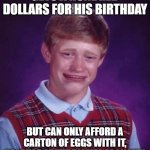 Not true just yet... but soon | GETS A HUNDRED DOLLARS FOR HIS BIRTHDAY; BUT CAN ONLY AFFORD A CARTON OF EGGS WITH IT, BECAUSE OF THE DISMAL ECONOMY. | image tagged in bad luck brian cry | made w/ Imgflip meme maker