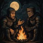 knight sitting around a bonfire at night talking to his bro in d