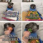 ML memes | MATH
PREREQUISITES; MACHINE 
LEARNING; LINEAR
ALGEBRA; CALCULUS | image tagged in disappointed pizza dog | made w/ Imgflip meme maker