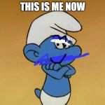 happy grouchy | THIS IS ME NOW | image tagged in grouchy smurf | made w/ Imgflip meme maker