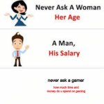 relatble | never ask a gamer; how much time and money do u spend on gaming | image tagged in never ask a woman her age | made w/ Imgflip meme maker