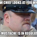 Mustache | HOW CHIEF LOOKS AT YOU WHEN; YOUR MUSTACHE IS IN REGULATIONS | image tagged in how chief looks at you | made w/ Imgflip meme maker
