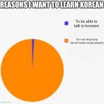Pie Chart Meme | REASONS I WANT TO LEARN KOREAN; To be able to talk to koreans; So I can sing k-pop demon hunter songs properly | image tagged in pie chart meme | made w/ Imgflip meme maker