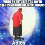 Name one that befell this fate | WHEN A YOUTUBER YOU LOVED STARTS MAKING BRAINROT VIDEOS: | image tagged in adios,youtube | made w/ Imgflip meme maker