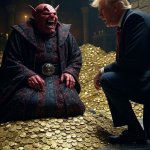 Donald Trump kneeling before Satan and a pile of gold