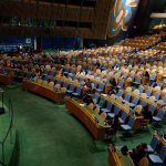 Netanyahu talking to empty crowd at the U.N