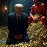 Donald Trump Satan laughing pile of gold