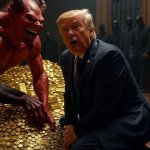 Donald Trump kneeling before Satan and a pile of gold