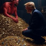 Donald Trump kneeling before Satan and a pile of gold