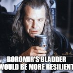Boromir's bladder | BOROMIR'S BLADDER WOULD BE MORE RESILIENT. | image tagged in boromir would | made w/ Imgflip meme maker