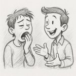 2 people talking to each other, one is bored and yawning while t