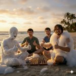Four Toby Foxes Playing Chess on Beach template