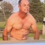 Enraged shirtless golfer